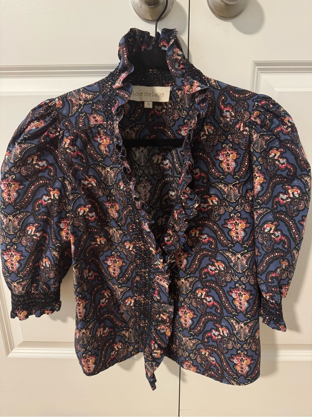Love the Label Navy Paisley Ruffle-Neck Blouse